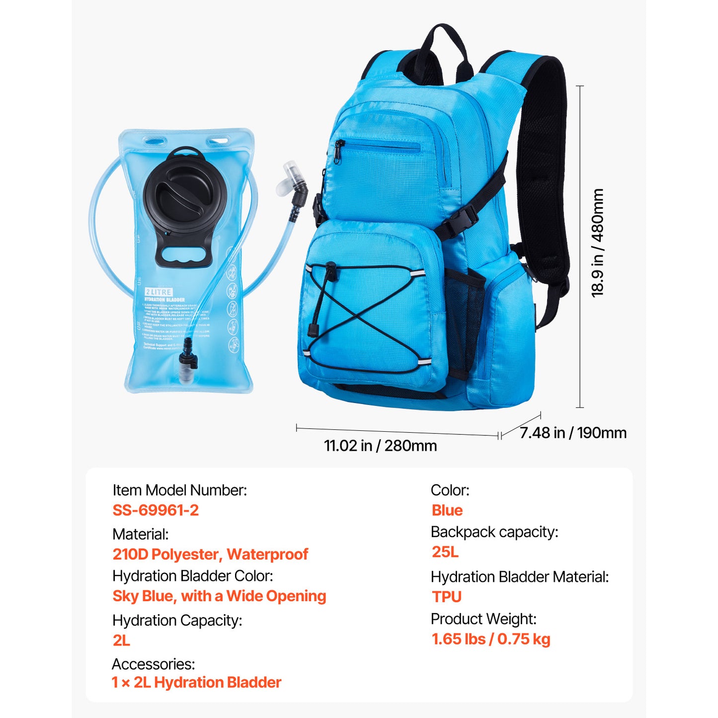 25L Insulated Hydration Backpack with 2L TPU Bladder, Hiking Water Pack with Storage for Men Women, Cycling Camping