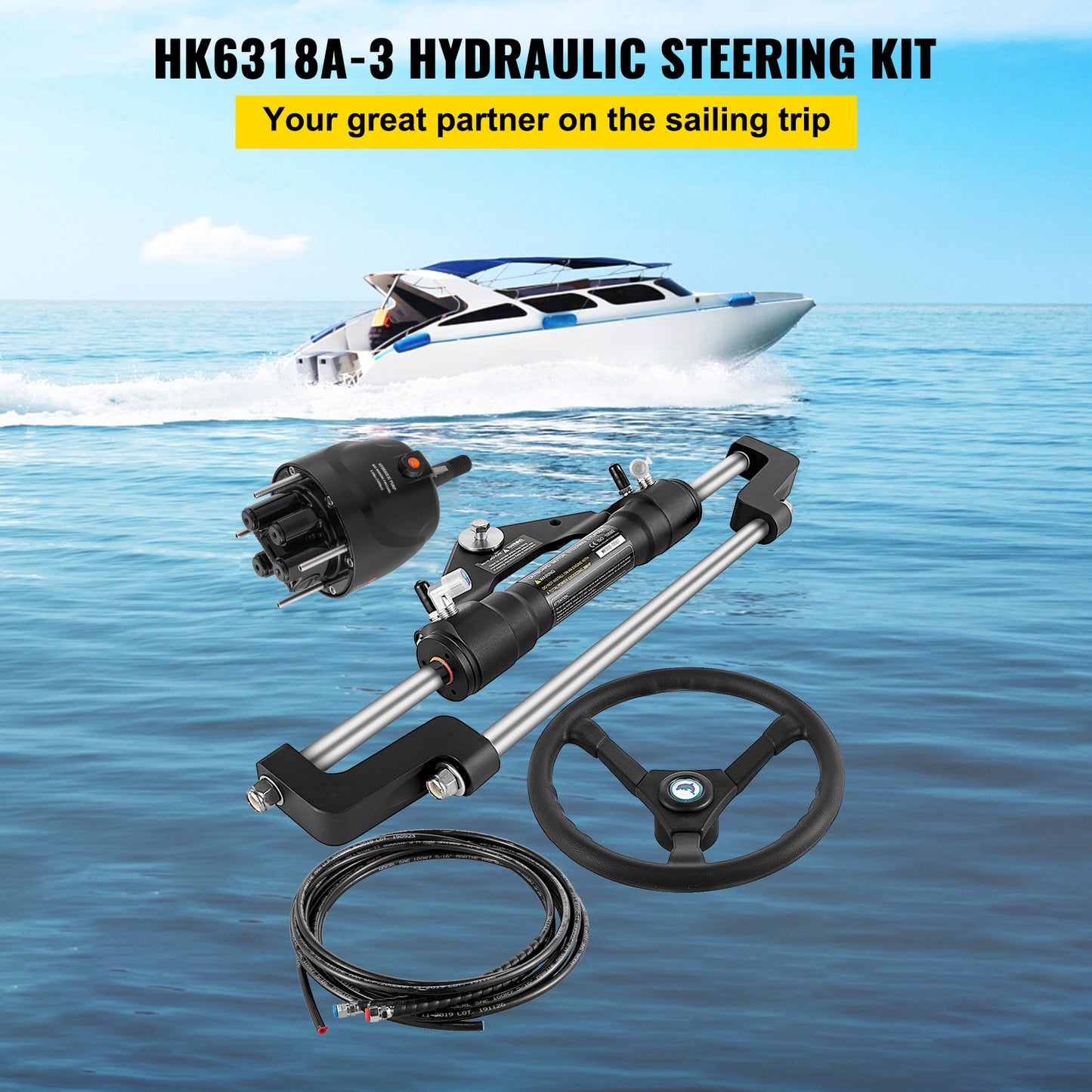 Hydraulic Boat Steering Kit 300HP Helm Pump Cylinder Wheel 18 ft. Hose Marine Steering System