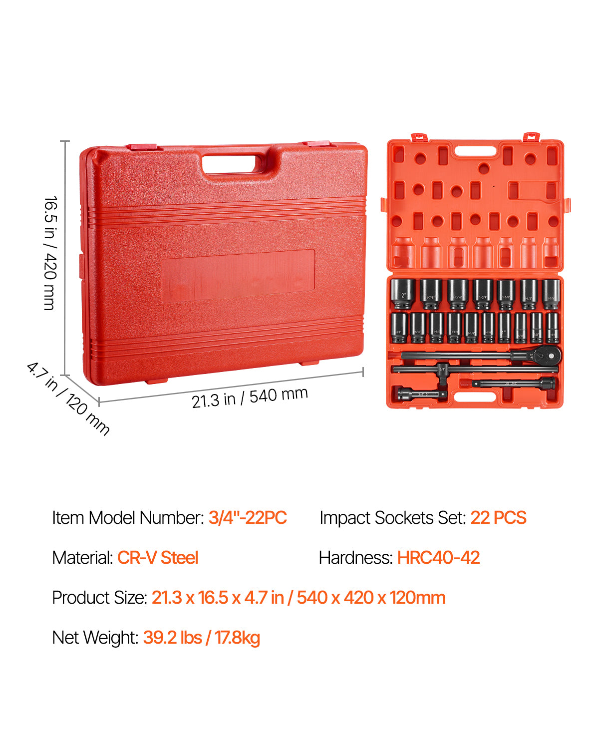 Impact Socket Set 3/4 Inches 22 Piece Deep Impact Sockets, Socket Assortment 3/4 Inches Drive Socket Set Impact Standard SAE Sizes 7/8 Inches to 2 Inches Includes Adapters and Ratchet Handle