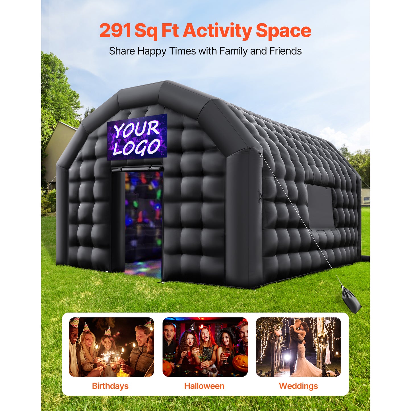 Inflatable Nightclub Party Tent, 17.72 x 16.4 x 13.9 ft. Blow Up Air Cube with 680W Blower, Sandbag, 2 Windows