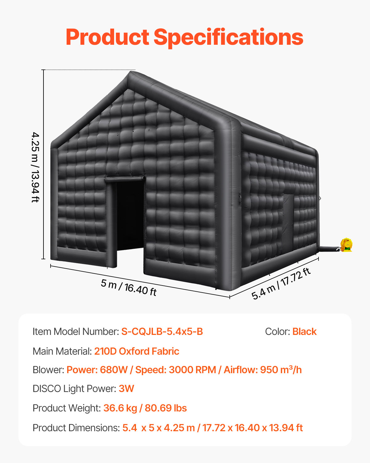 Inflatable Nightclub 17.7 x 16.4 x 13.9 ft. 680W Blow Up Party Tent Bluetooth Disco Lights 291 sq. ft. Black