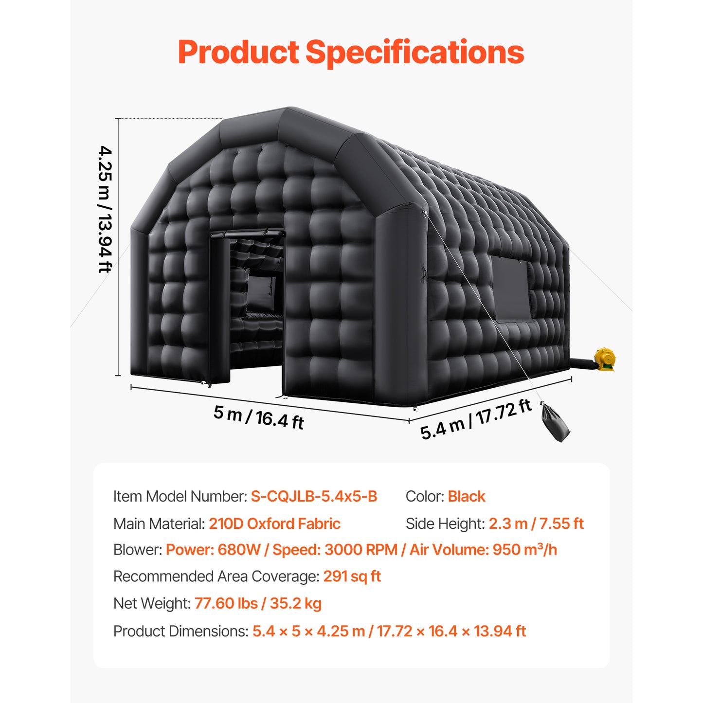 Inflatable Nightclub Party Tent, 17.72 x 16.4 x 13.9 ft. Blow Up Air Cube with 680W Blower, Sandbag, 2 Windows