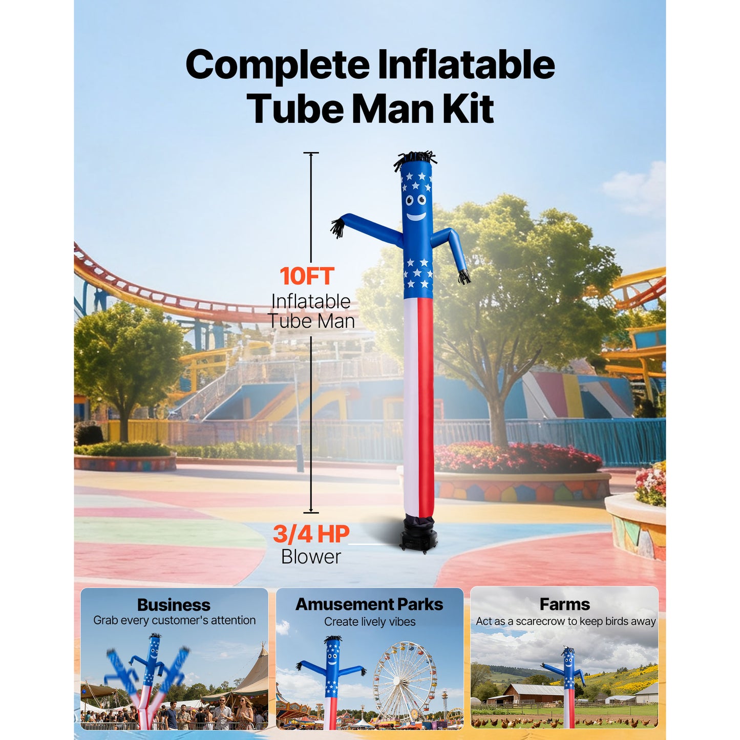 Inflatable Tube Man 10 ft. Tall with Blower, Wacky Waving Dancing Tube Guy with 3/4 HP IPX3 Waterproof Fan