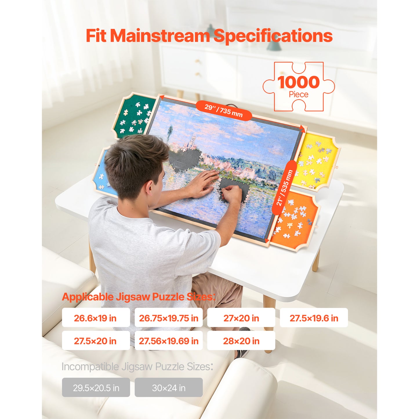 1000-Piece Rotating Puzzle Board, 29 x 21 in. Tilting Jigsaw Puzzle Table, 4 Felt Drawers, Pine Wood