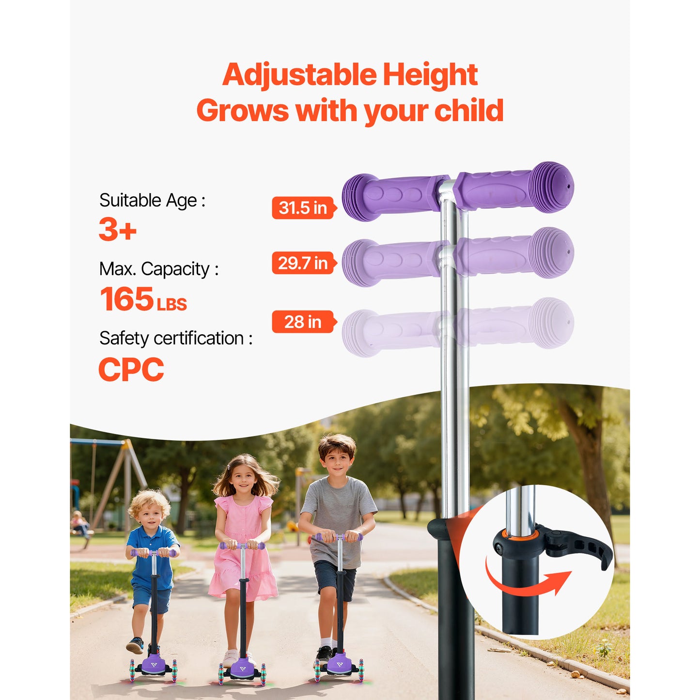 Kick Scooter for Kids Ages 3+, 3-Wheel Toddler Scooter Light-Up Wheels, Adjustable Handlebar, 165 lb. Aluminum, Purple