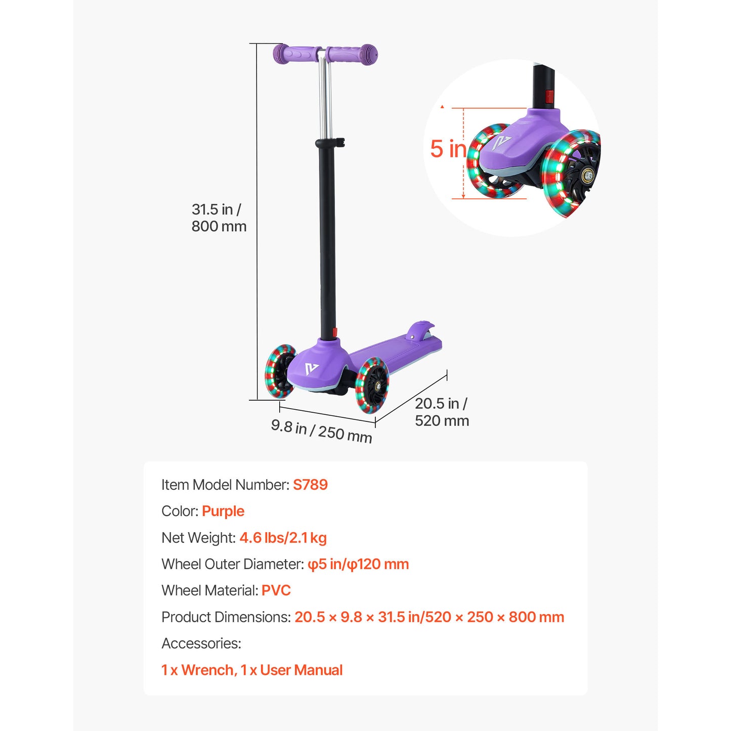 Kick Scooter for Kids Ages 3+, 3-Wheel Toddler Scooter Light-Up Wheels, Adjustable Handlebar, 165 lb. Aluminum, Purple