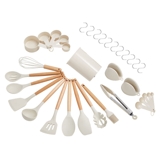 Kitchen Cooking Utensils Set, 34-Piece Silicone Spatula Set with Holder, 428¡ãF Heat-Resistant, Wooden Handles, White