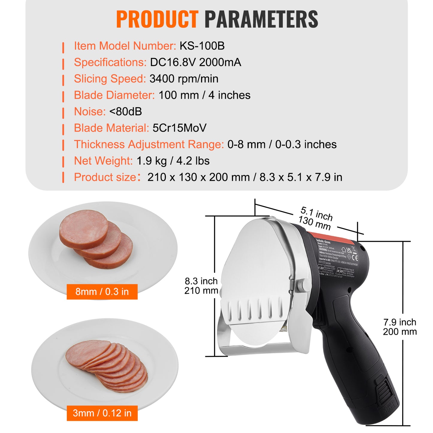 Electric Shawarma Knife 80W Cordless, Commercial Doner Kebab Slicer, Stainless Steel Gyro Cutter, 4 in. Blade, 2 Blades