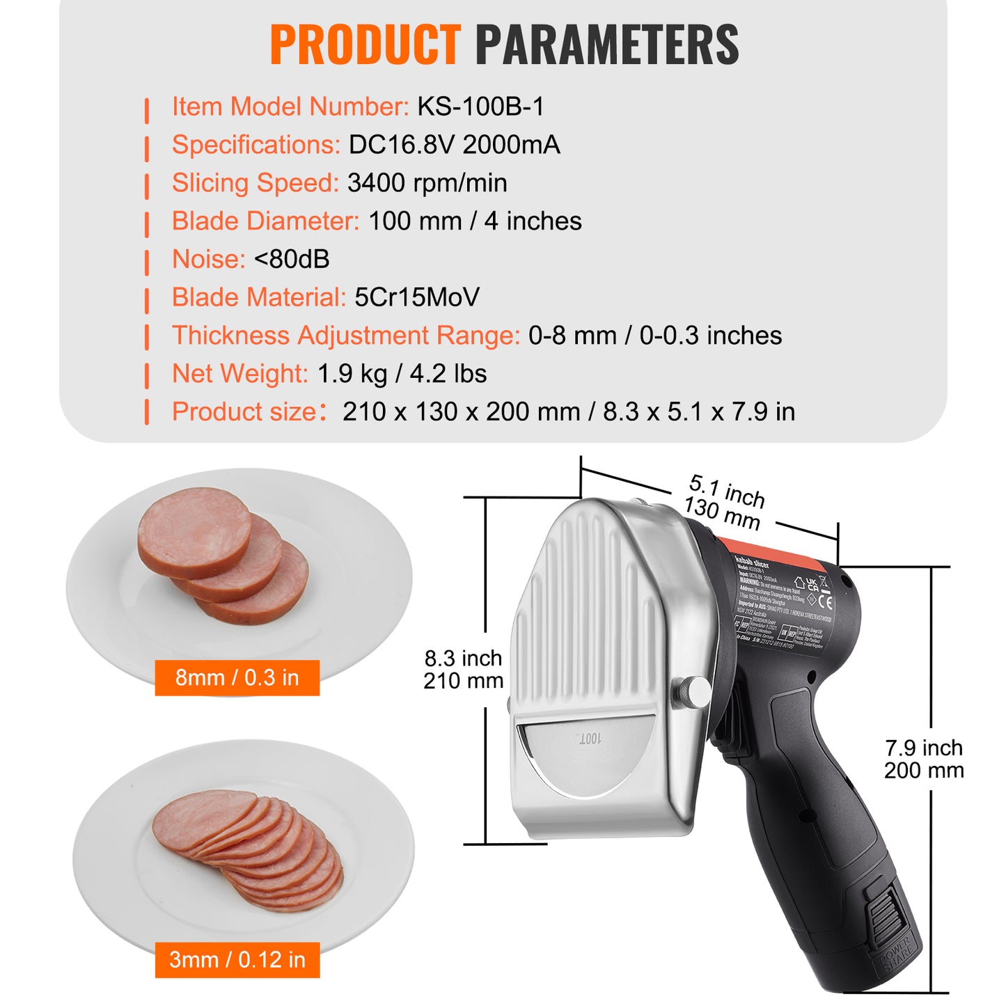Electric Shawarma Knife 80W Cordless, Battery Doner Kebab Slicer, Gyro Meat Cutter, 4 in. Blade, 115-Min Runtime