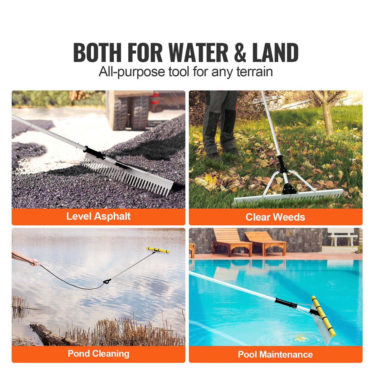 Landscape Rake 36 in. Head, Lake Weed Rake with 102 in. Aluminum Handle, Rope and Float for Pond and Garden Cleaning