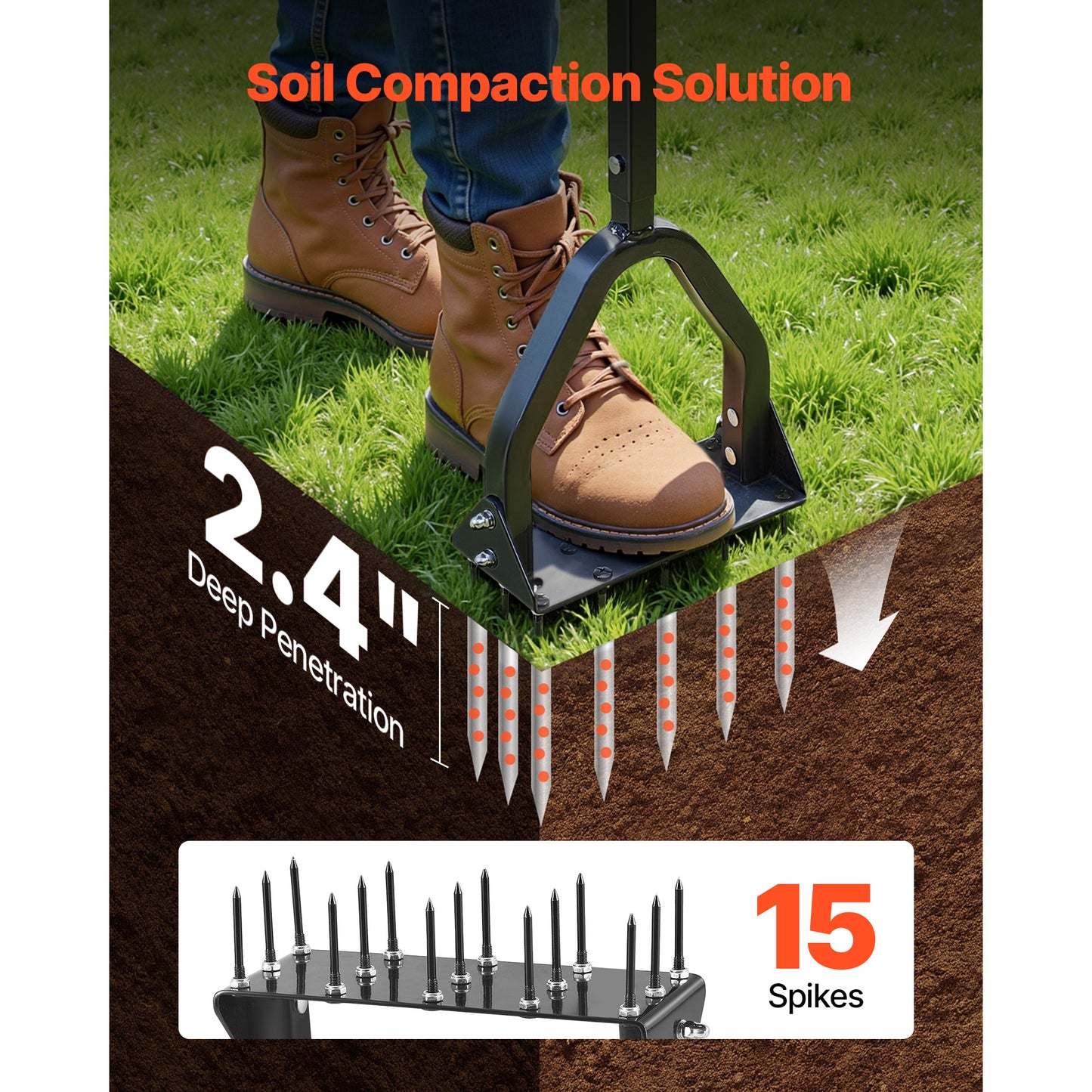 Lawn Aerator 9.2 in. Manual Core Aerator Tool, 15 Iron Spikes, 34.6 in. Handle, Wide Foot Plate, Heavy Duty Yard