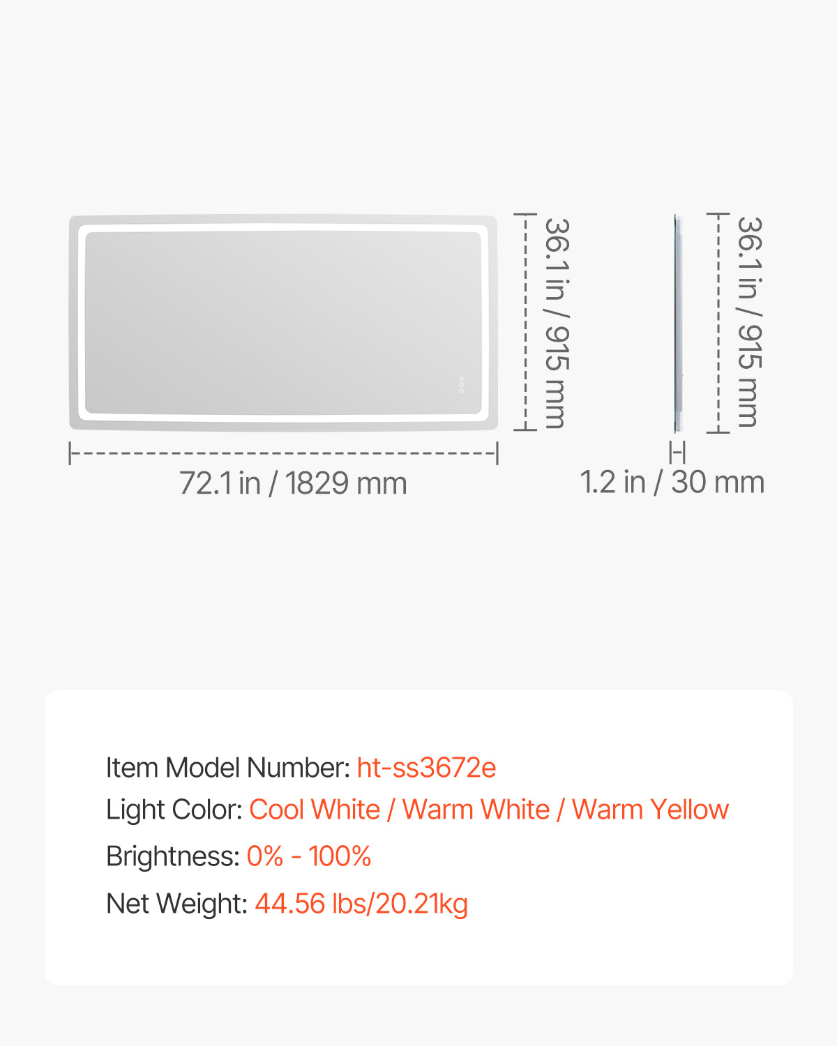 LED Bathroom Mirror, 36 x 72 in. Frontlit Backlit Vanity Mirror, Anti-Fog Dimmable Wall Mirror, 3 Color Modes