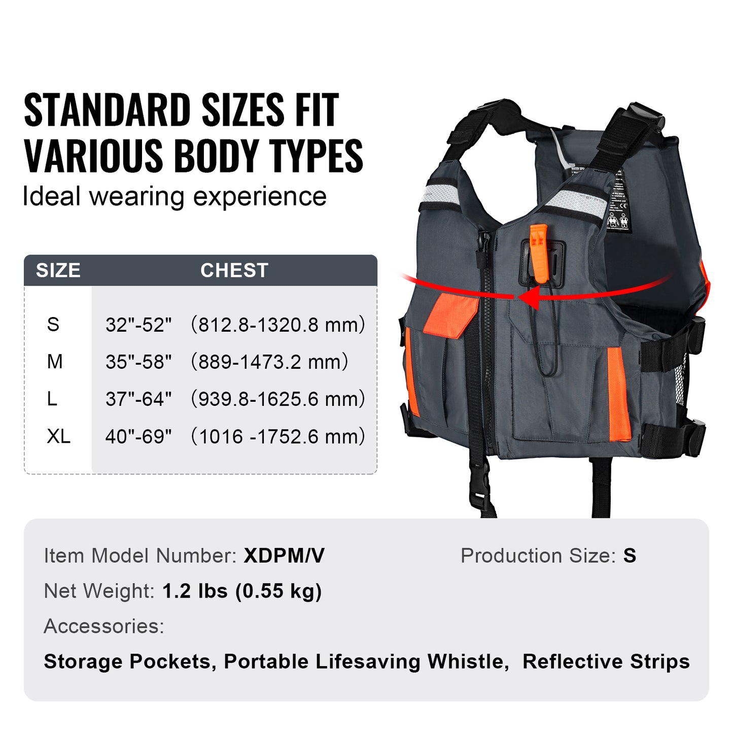 Adult Life Vest PFD 80N Buoyancy Size S, Waterproof Nylon Life Jacket for Kayaking Fishing Surfing Watersports