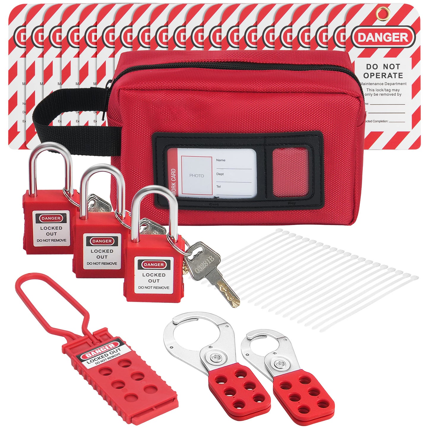26-Piece Electrical Lockout Tagout Kit with Padlocks, Hasps, Tags and Carry Bag for Industrial Safety Use