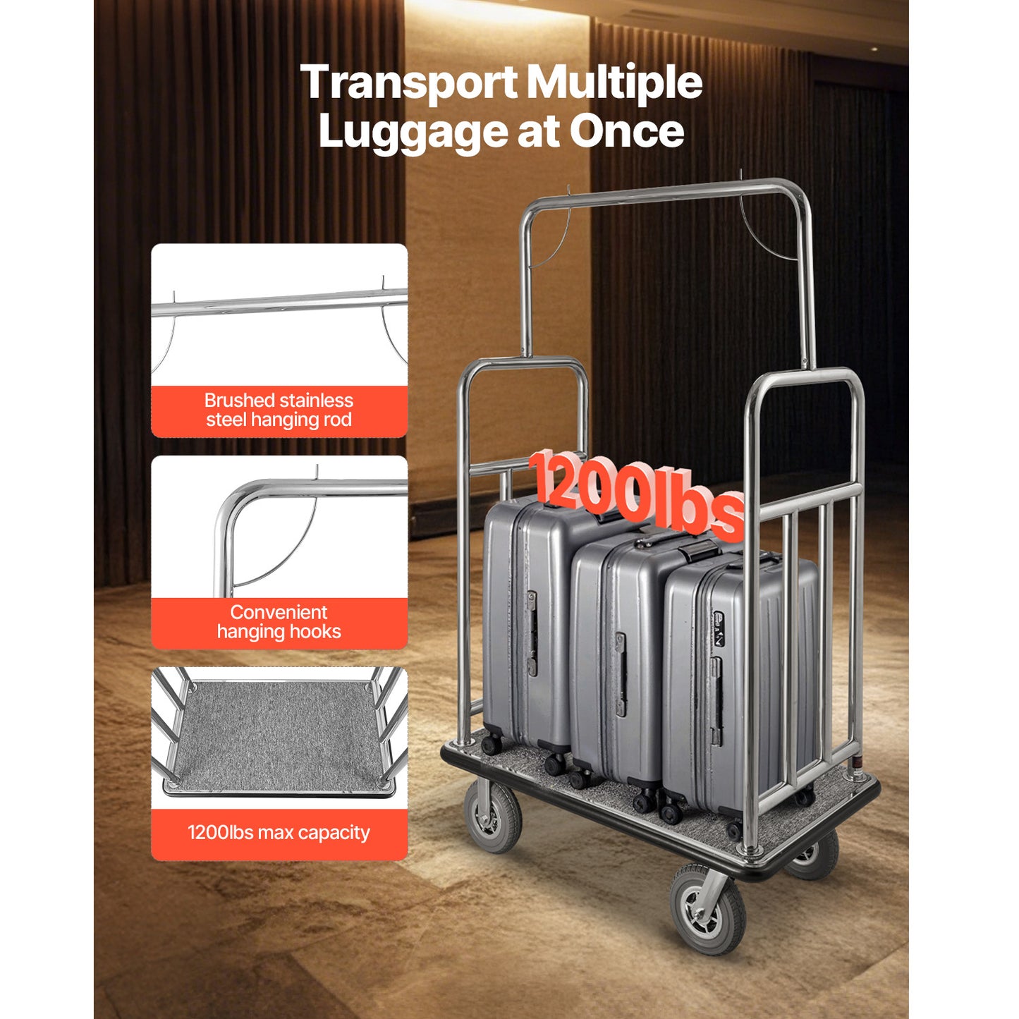 Hotel Luggage Cart, 1200 LBS Load Capacity, Brushed Stainless Steel Finish Bellmanfts Cart, Valet Cart with Grey Carpeted Deck and 8-inch Rubber Wheels, Ideal for Hotels, Condos, Resorts, Silver