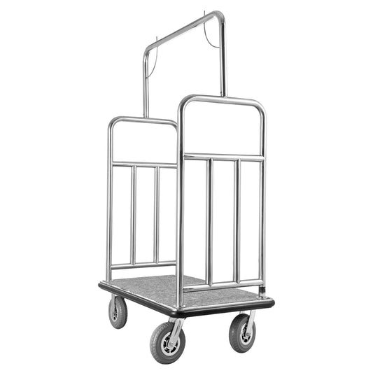 Hotel Luggage Cart, 1200 LBS Load Capacity, Brushed Stainless Steel Finish Bellmanfts Cart, Valet Cart with Grey Carpeted Deck and 8-inch Rubber Wheels, Ideal for Hotels, Condos, Resorts, Silver