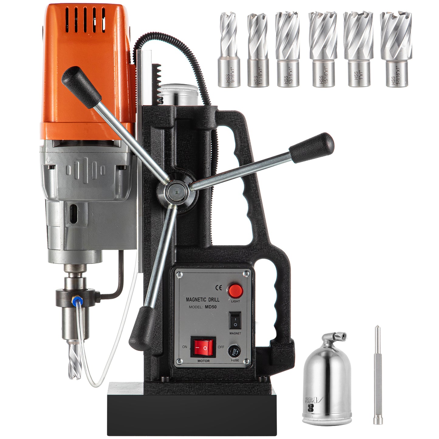 1450W Magnetic Drill Press with 2 Inch Boring Diameter Annular Cutter Machine 2900 LBS 6pcs HSS Annular Cutter Bits,850 RPM Drilling Machine for any Surface Home Improvement Industry Railway