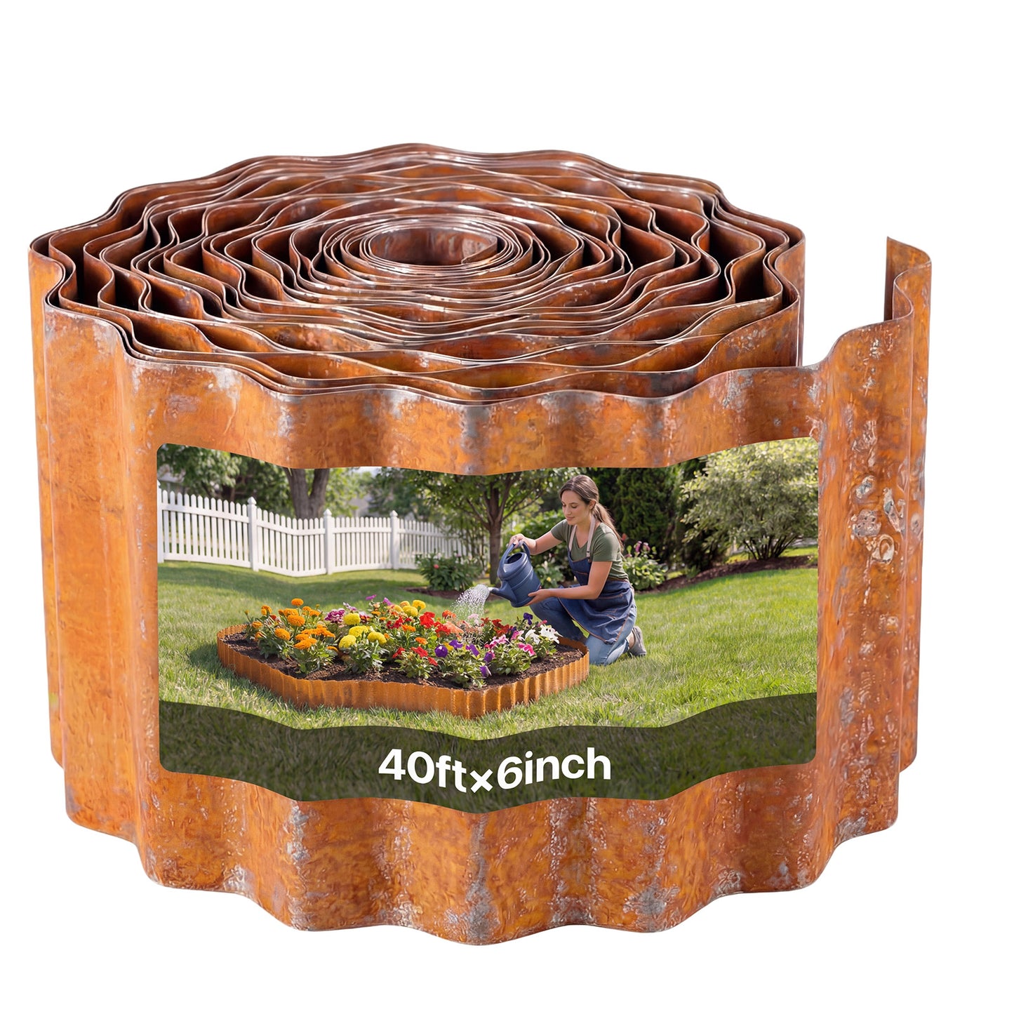 Carbon Steel Landscape Edging, 40 ft. x 6 in. Bendable Metal Garden Border with Gloves for Flower Beds, Rust