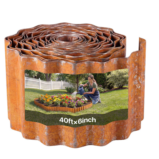 Carbon Steel Landscape Edging, 40 ft. x 6 in. Bendable Metal Garden Border with Gloves for Flower Beds, Rust