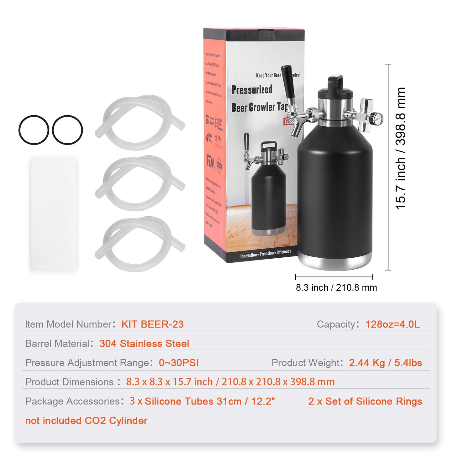 128 oz. Beer Growler Tap System, 304 Stainless Steel Pressurized Mini Keg with Gauge and CO2 Regulator Faucet