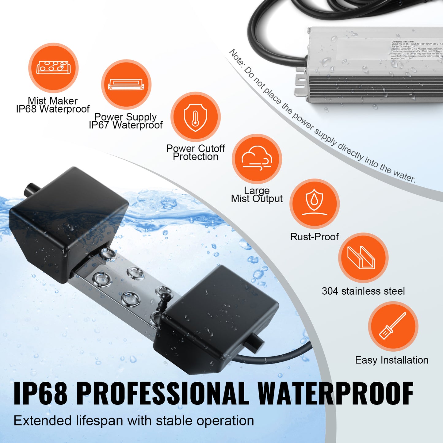 6-Head Ultrasonic Mist Maker, 4500 mL/H Fogger, 165 W IP67 Power Supply, Buoy for Pond Garden Halloween