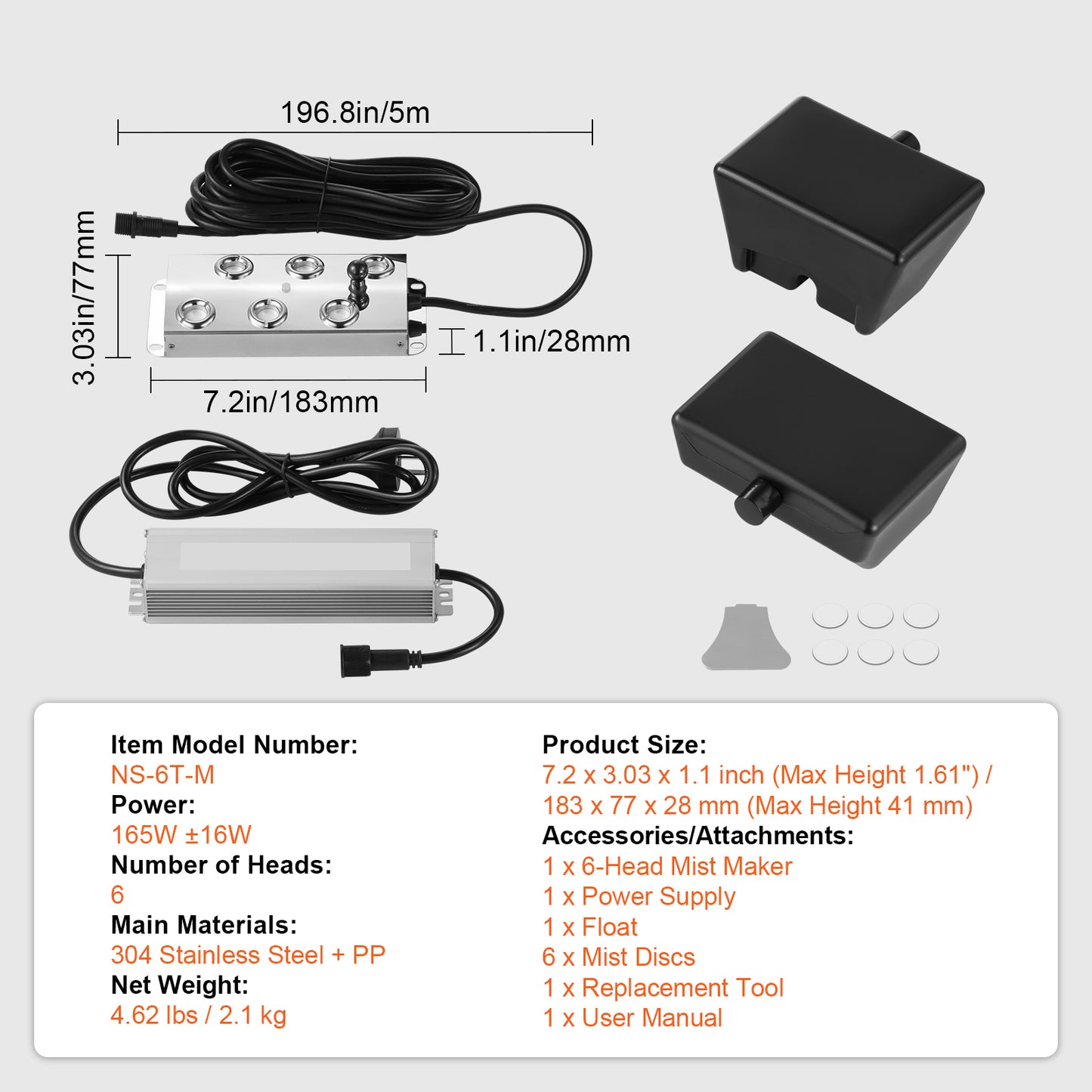 6-Head Ultrasonic Mist Maker, 4500 mL/H Fogger, 165 W IP67 Power Supply, Buoy for Pond Garden Halloween