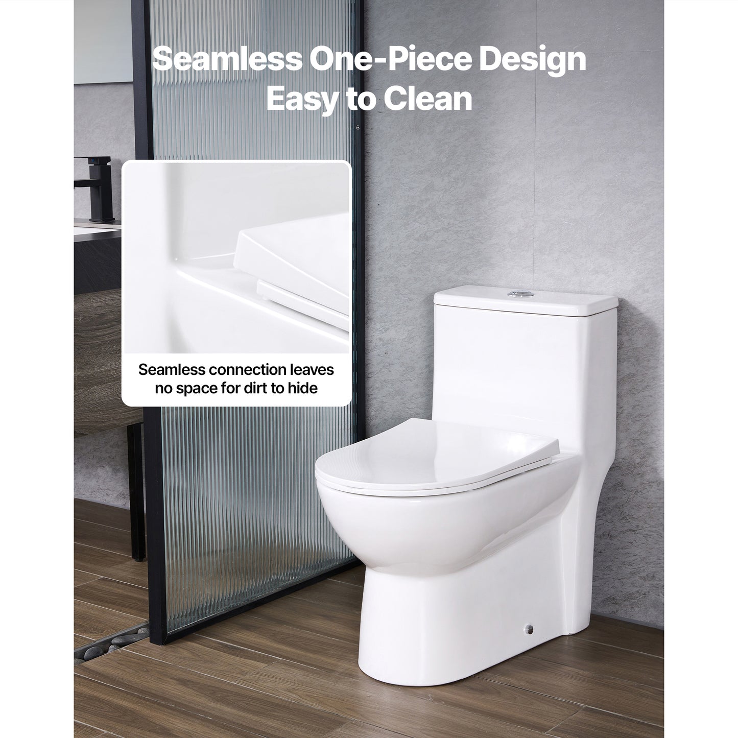 One-Piece Toilet Elongated Dual-Flush 1.1/1.6 GPF Skirted Toilet for Bathroom, 10 in. Rough-In, White and Silver
