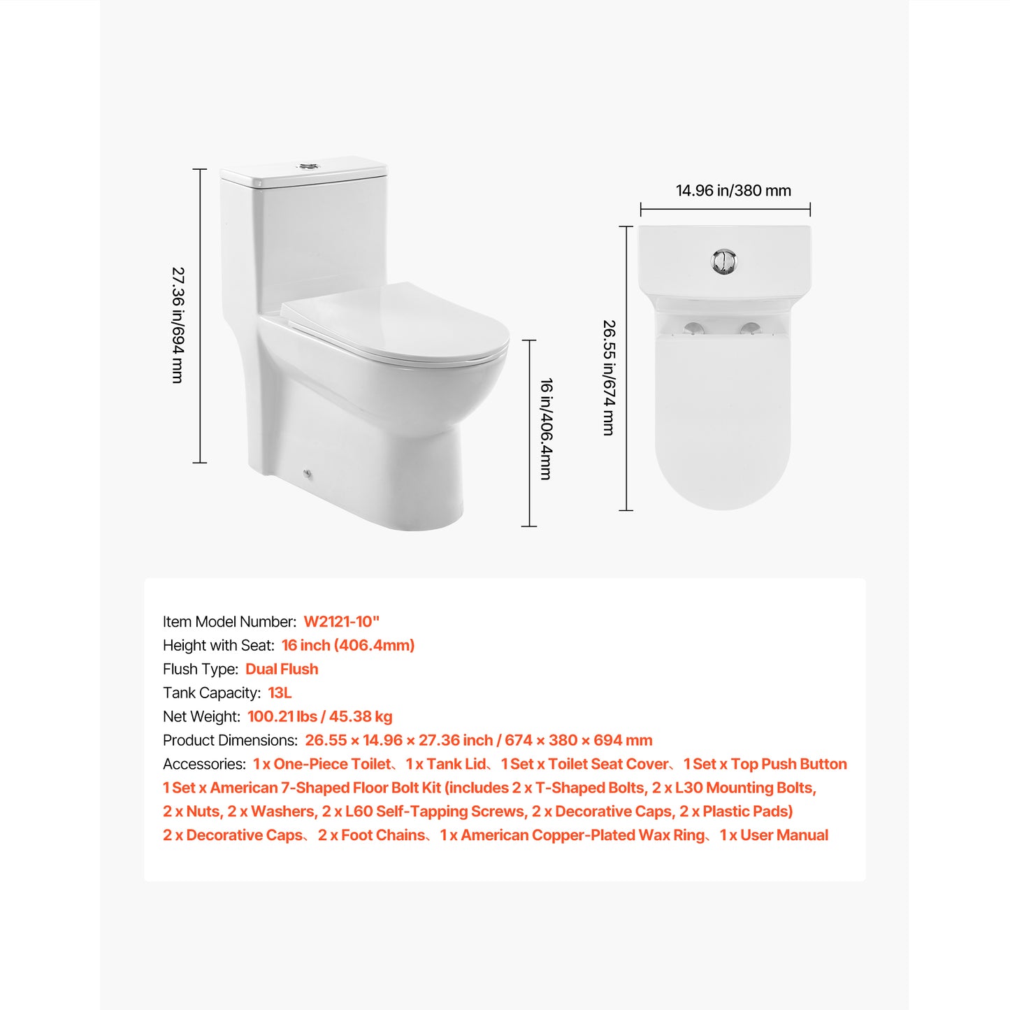 One-Piece Toilet Elongated Dual-Flush 1.1/1.6 GPF Skirted Toilet for Bathroom, 10 in. Rough-In, White and Silver