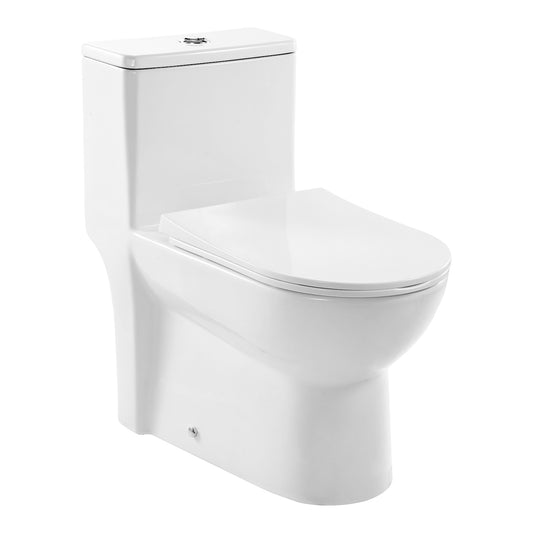 One-Piece Toilet Elongated Dual-Flush 1.1/1.6 GPF Skirted Toilet for Bathroom, 10 in. Rough-In, White and Silver