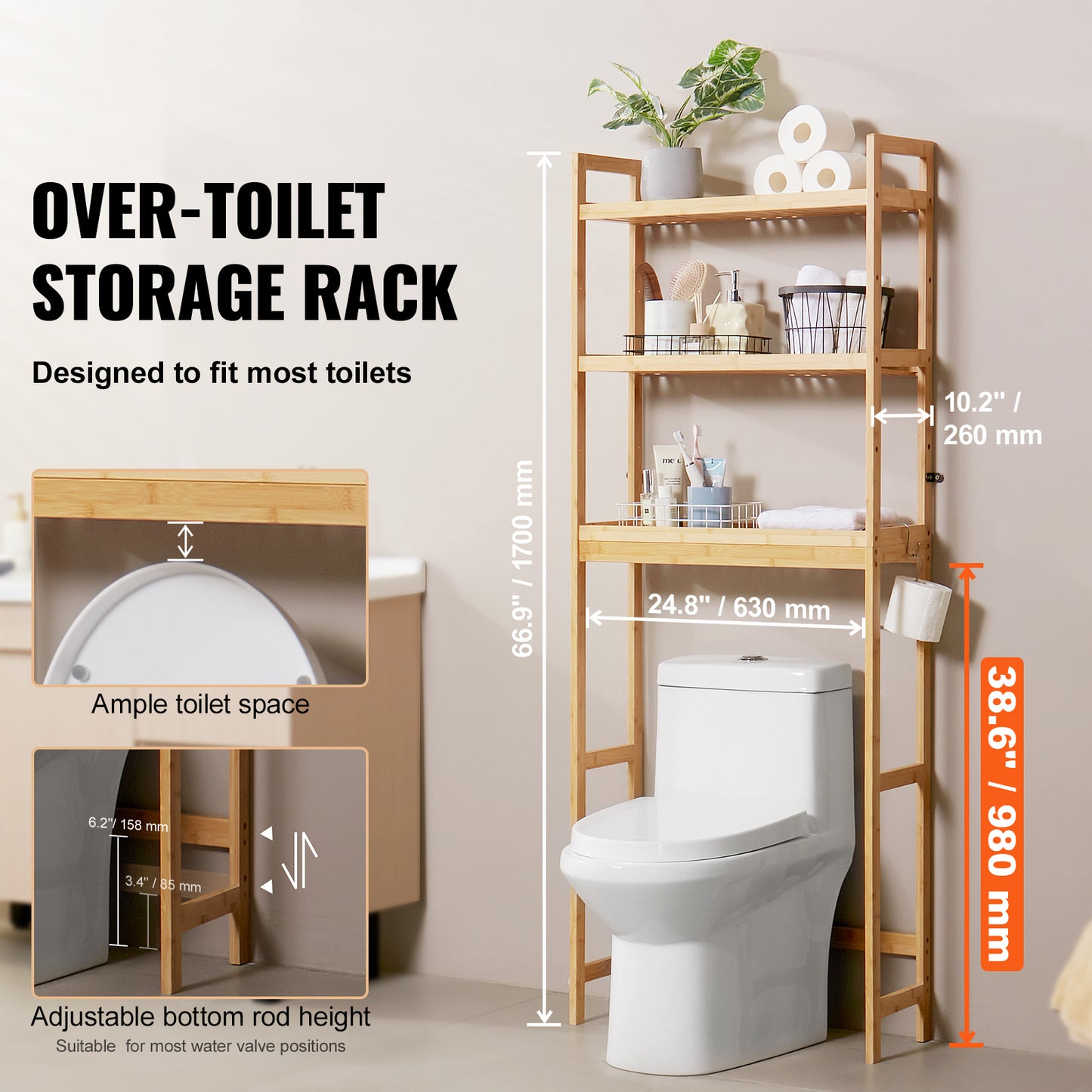 Over the Toilet Storage 3-Tier, Natural Bamboo Bathroom Organizer Shelf with 3 Hooks, Freestanding Space Saver