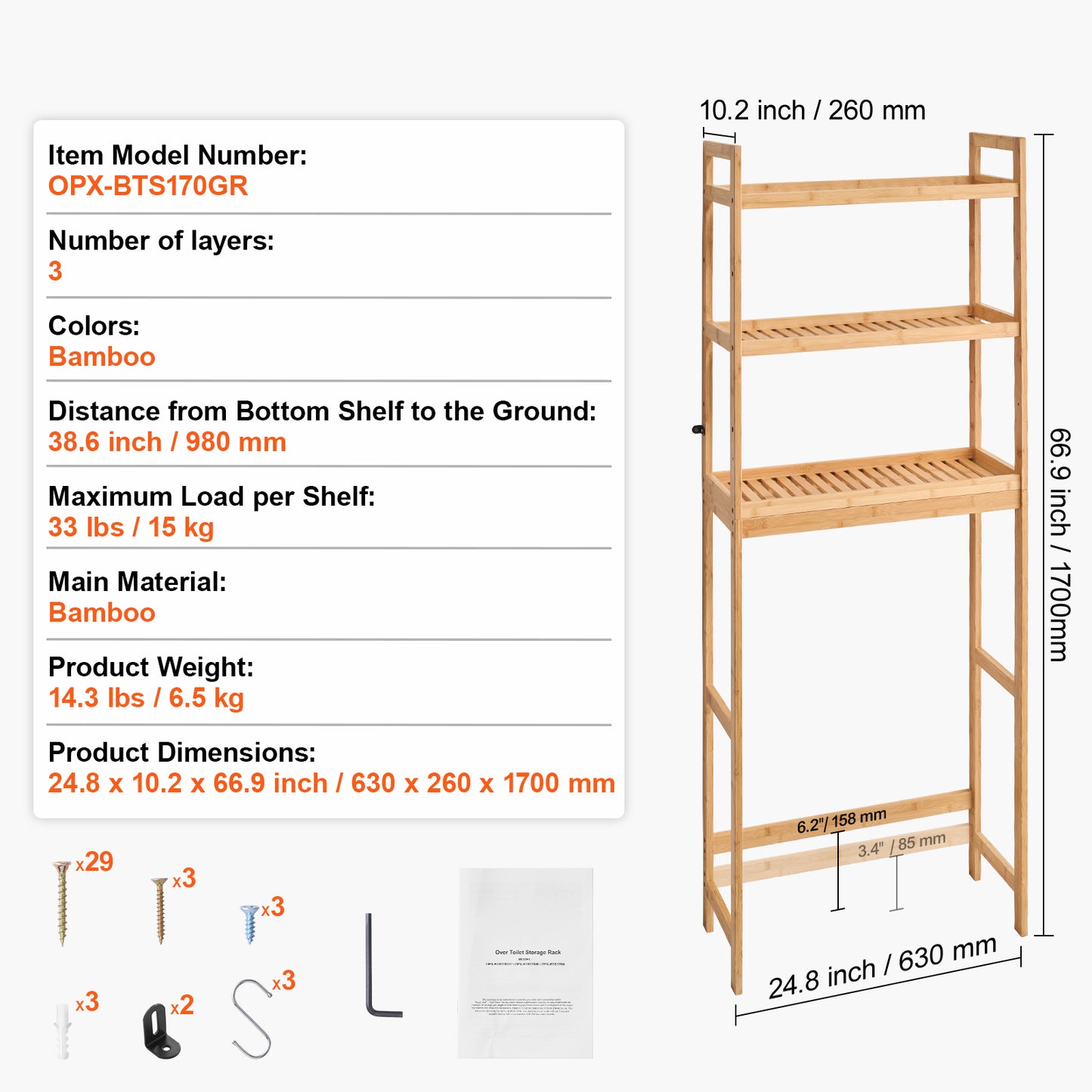 Over the Toilet Storage 3-Tier, Natural Bamboo Bathroom Organizer Shelf with 3 Hooks, Freestanding Space Saver