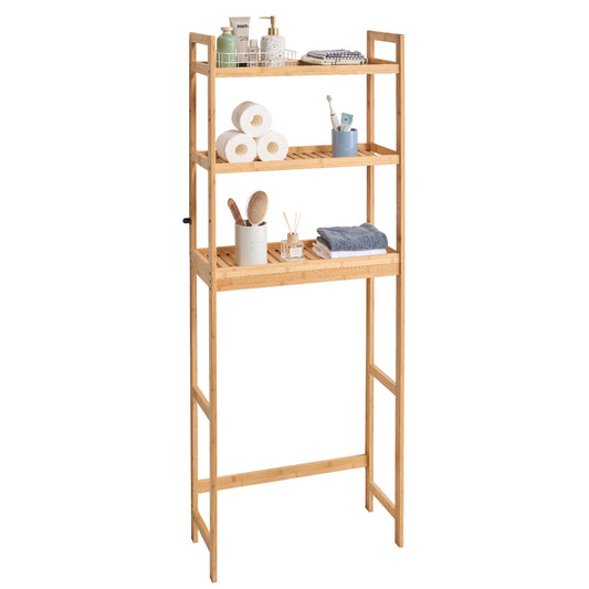 Over the Toilet Storage 3-Tier, Natural Bamboo Bathroom Organizer Shelf with 3 Hooks, Freestanding Space Saver