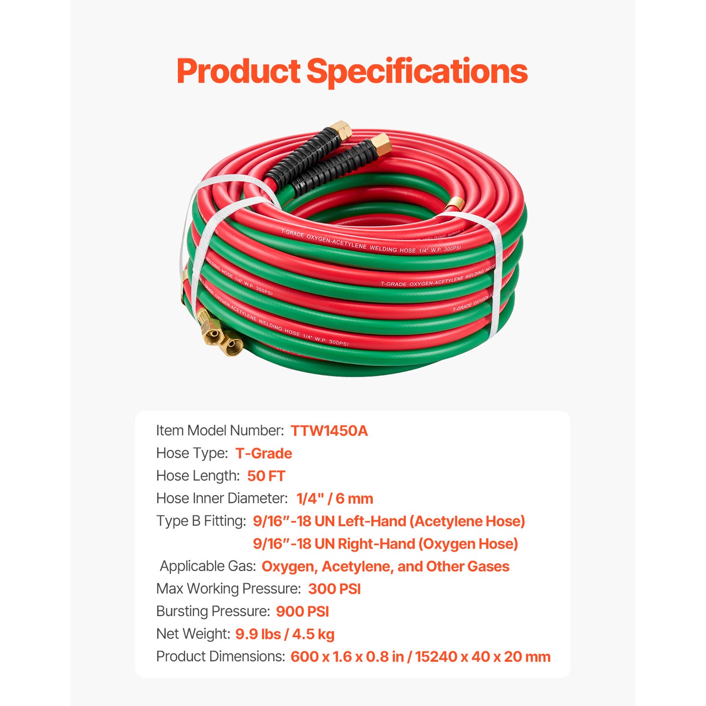 Oxygen Acetylene Hose, 1/4-Inch x 50FT Oxy Acetylene Hose with 9/16in-18 B Fitting, 300PSI T Grade Welding Cutting Torch Twin Hose, Compatible with Oxygen, Acetylene, Propane and Other Fuel Gases