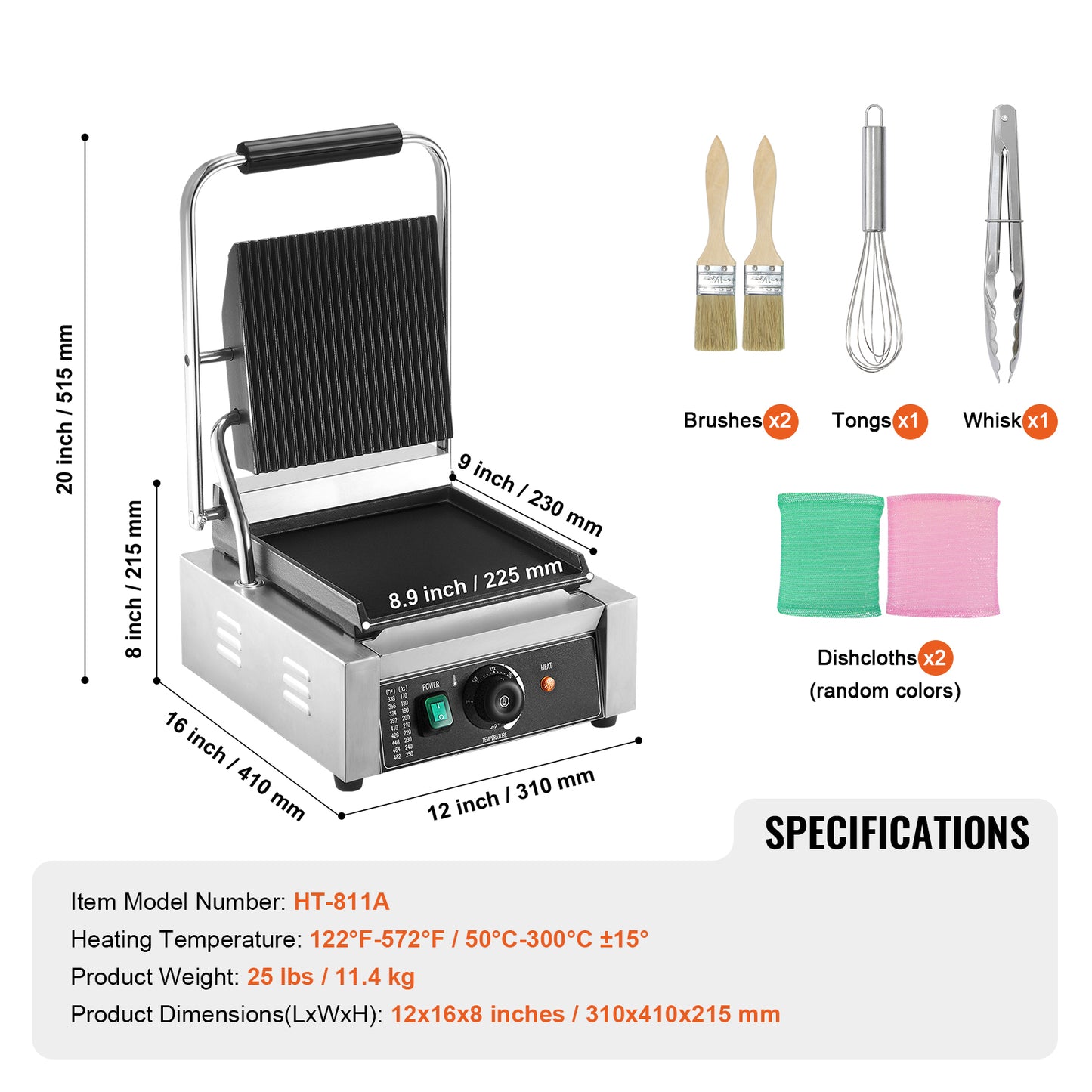 Commercial Panini Grill 1800W, Sandwich Press Maker with 9 in. x 9 in. Flat Enamel Plate, Temp Control