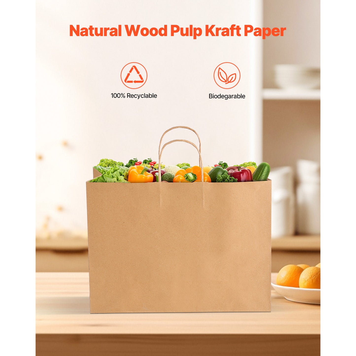Kraft Paper Bags with Handles, 50-Count 16 x 6 x 12 in. Brown Paper Grocery Bags, Reusable Recycled Gift Party Bags