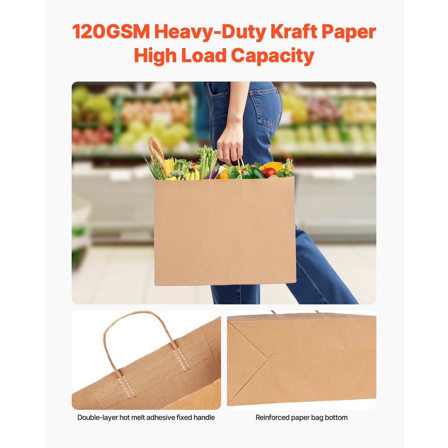 Kraft Paper Bags with Handles, 50-Count 16 x 6 x 12 in. Brown Paper Grocery Bags, Reusable Recycled Gift Party Bags