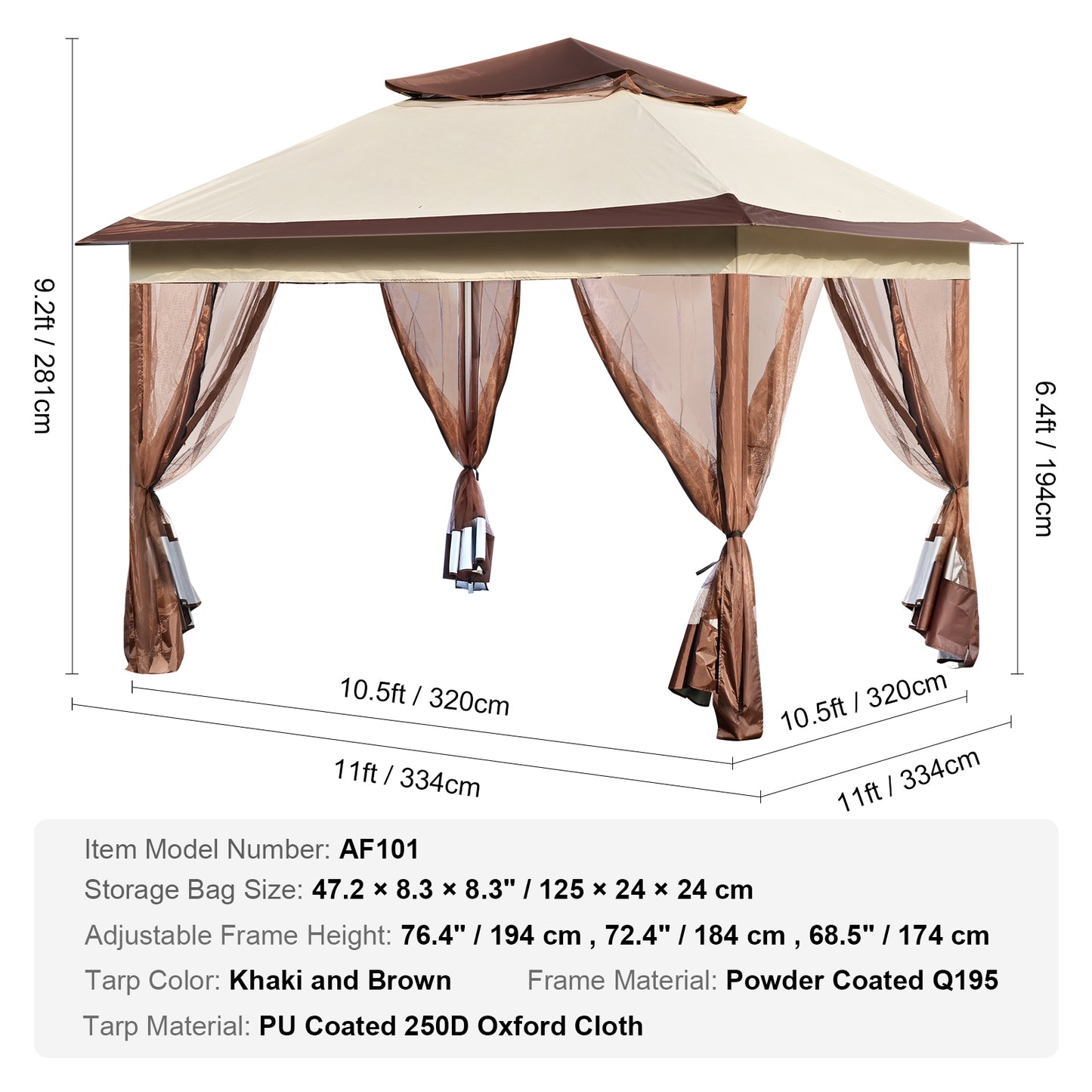 Pop Up Gazebo 11 x 11 ft. Patio Gazebo with Mosquito Netting Metal Frame UPF 50 PU 250D Oxford for 8-10 Person