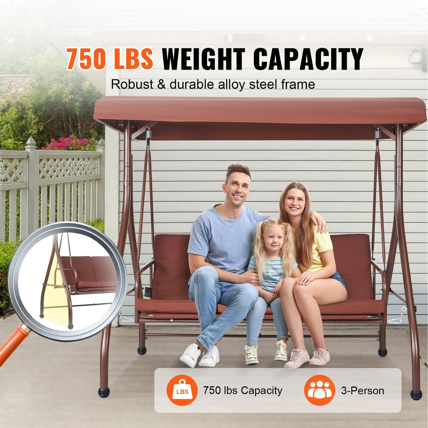 3-Seat Patio Swing Chair with Adjustable Canopy, Converting Swing-to-Bed, 750 lb. Alloy Steel Frame, Brown