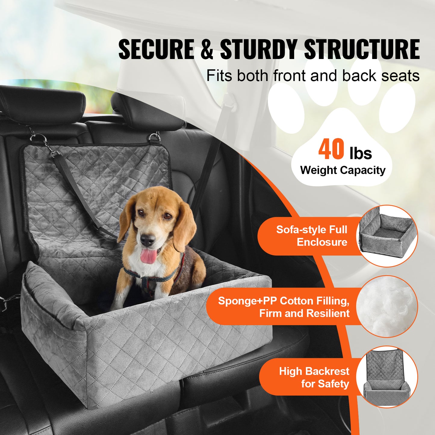 Dog Car Seat for Small Medium Dogs up to 40 lb., Booster Bed with Storage Pocket, Crystal Velvet, Gray