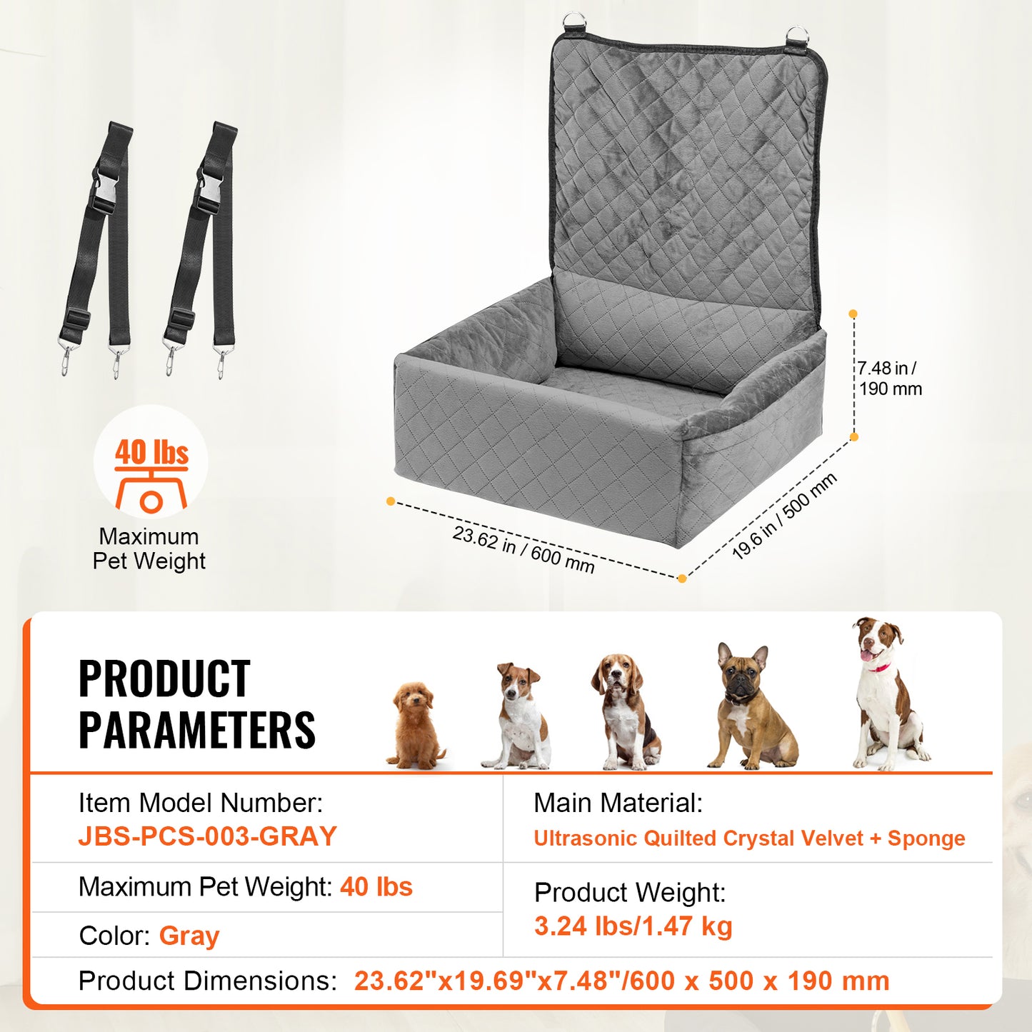 Dog Car Seat for Small Medium Dogs up to 40 lb., Booster Bed with Storage Pocket, Crystal Velvet, Gray