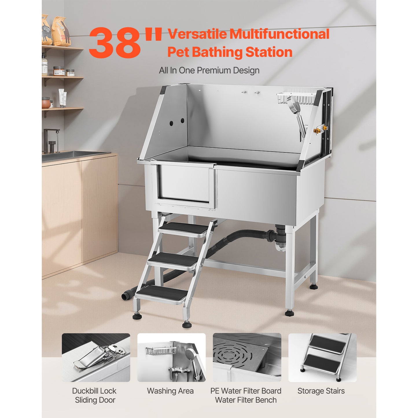 Dog Washing Station 38 in., Stainless Steel Pet Grooming Tub with Hot Cold Faucet, Non-Slip Stairs, 220 lb. Cap.