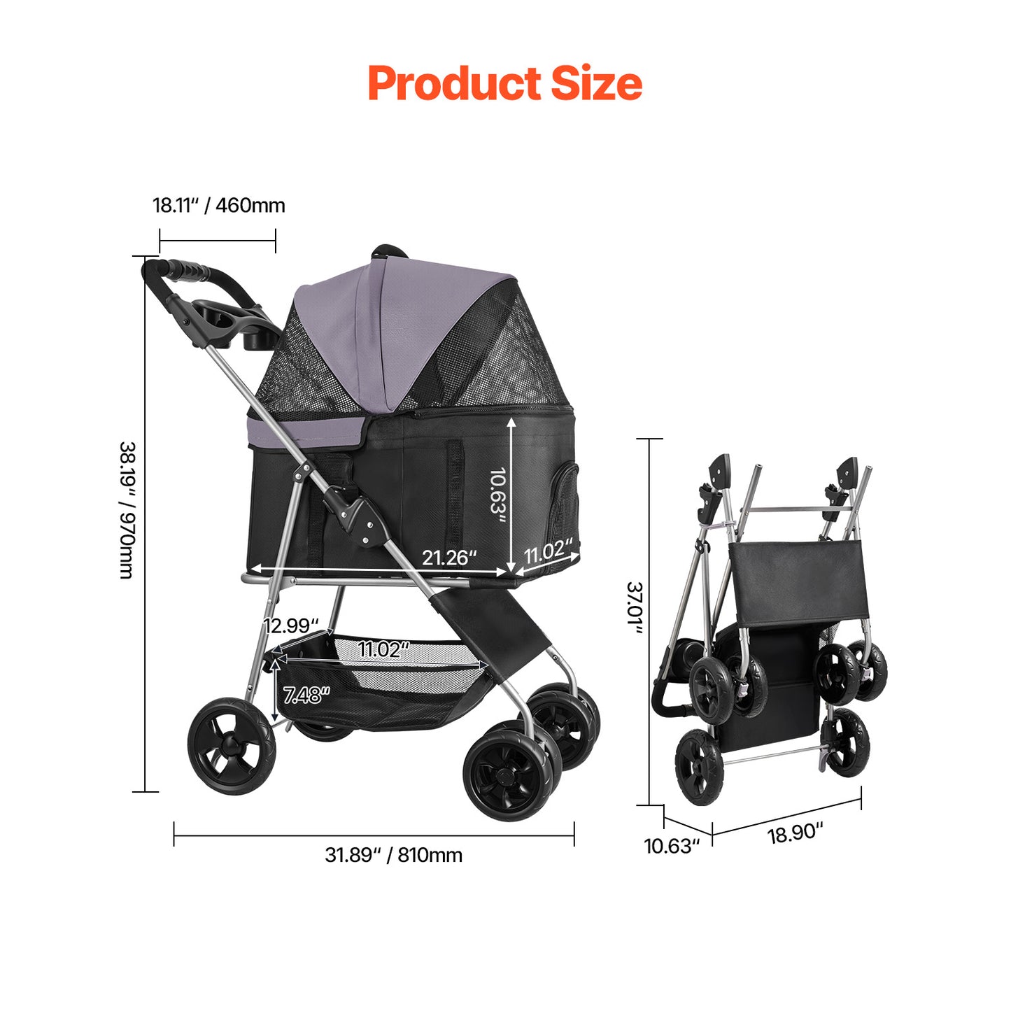Foldable Pet Stroller with Detachable Carrier, 35 lb. Capacity, 4-Wheel Dog Cat Pram with Mesh Windows