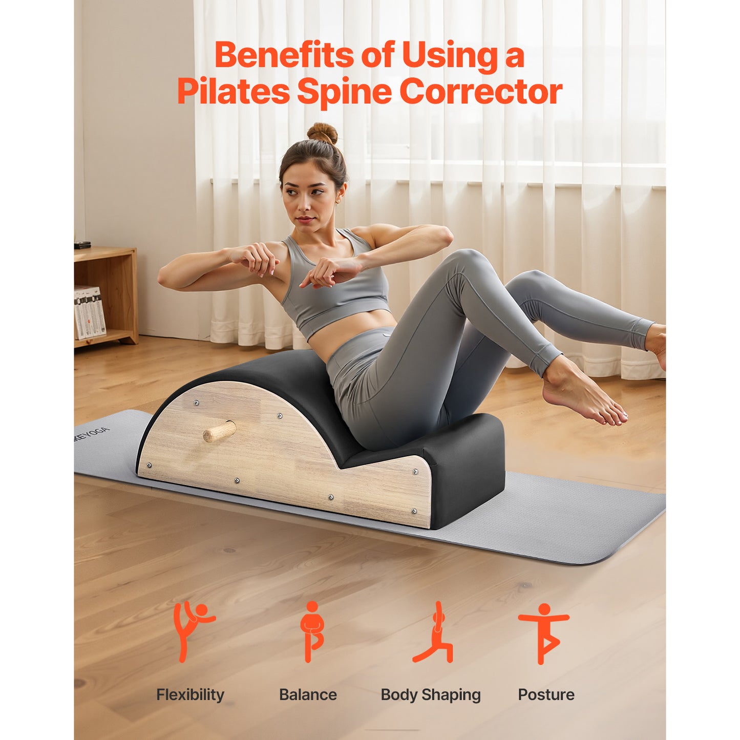 Pilates Spine Corrector Arc, Rubber Wood Frame, 350 lb. Capacity for Core Stretching  Balance