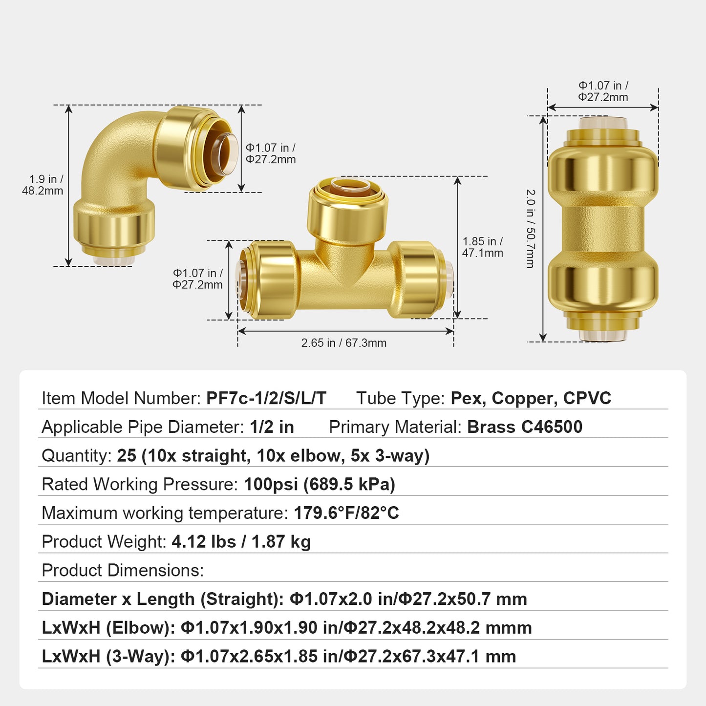 Pipe Fittings, 1/2in 25PCS (10xStraight, 10xElbows, 5xTees) Brass Pipe Fittings, Push-Fit Pipe Connector Brass Air Fittings, Plumbing Fittings Adapter for Heating/Shower Systems, Water Pipes