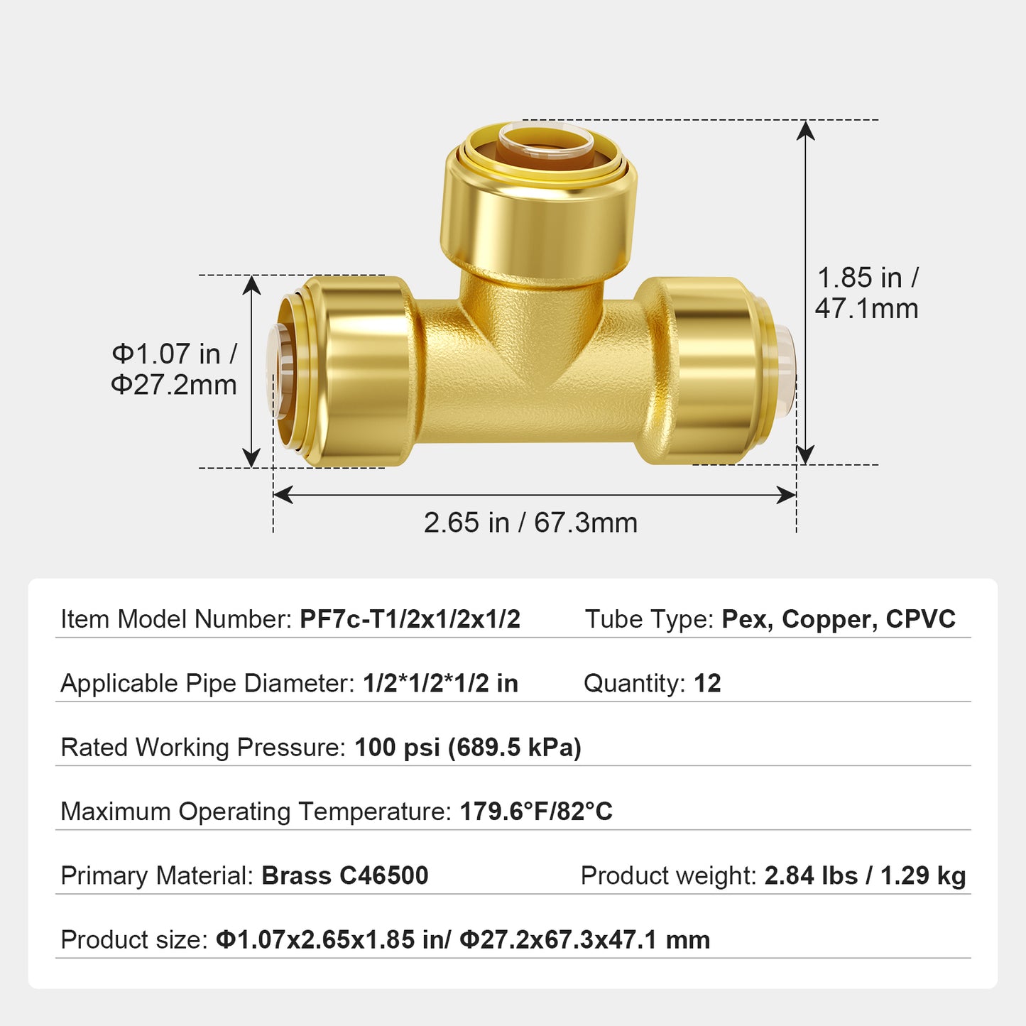 Pipe Fittings, 1/2in 12PCS Tee Brass Pipe Fittings, Push-Fit Pipe Connector Brass Air Fittings, Heavy Duty Plumbing Fittings Adapter for Heating/Shower Systems, Water Pipes