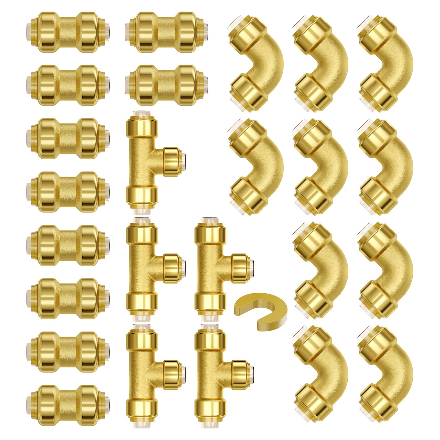Pipe Fittings, 1/2in 25PCS (10xStraight, 10xElbows, 5xTees) Brass Pipe Fittings, Push-Fit Pipe Connector Brass Air Fittings, Plumbing Fittings Adapter for Heating/Shower Systems, Water Pipes