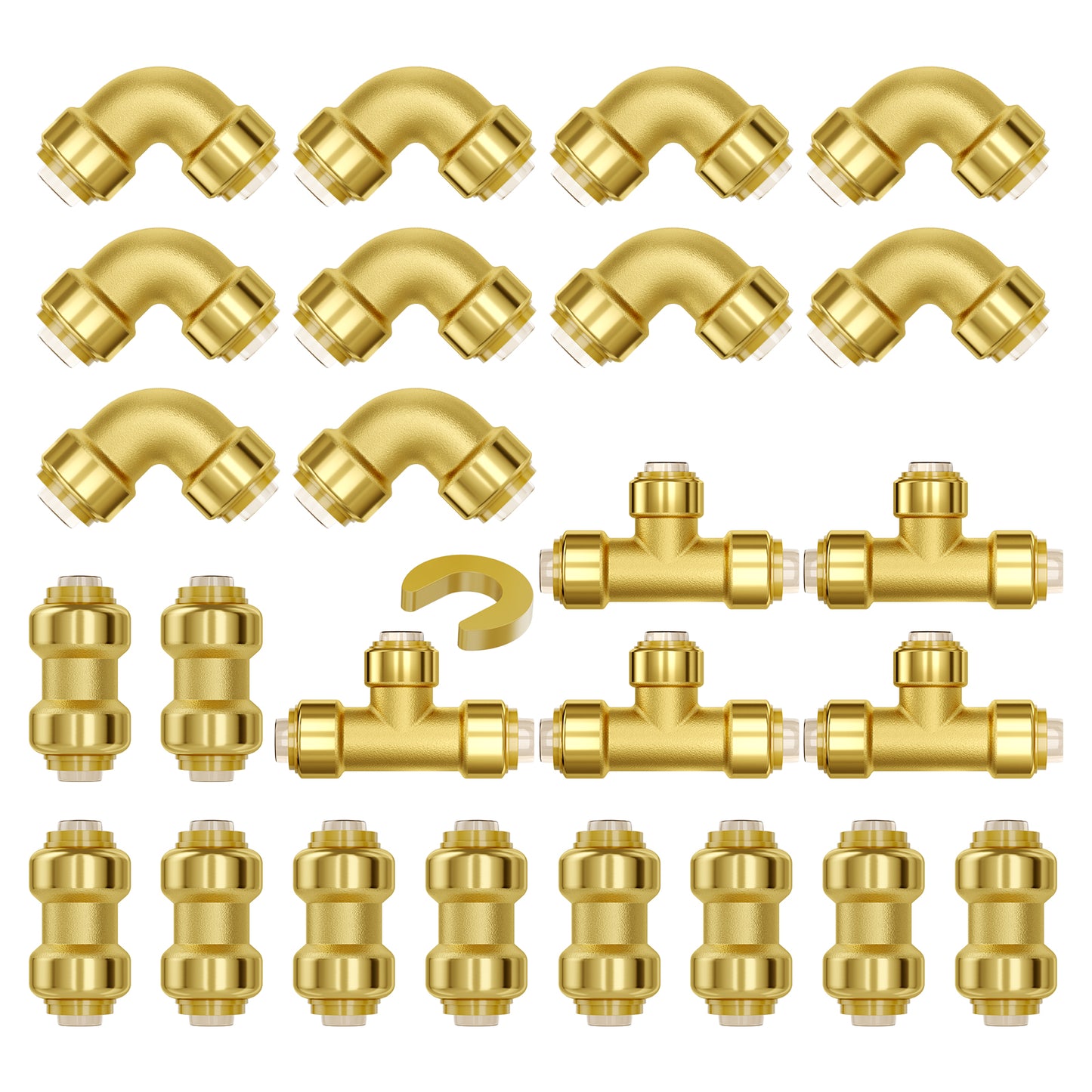 Pipe Fittings, 1/2in 25PCS (10xStraight, 10xElbows, 5xTees) Brass Pipe Fittings, Push-Fit Pipe Connector Brass Air Fittings, Plumbing Fittings Adapter for Heating/Shower Systems, Water Pipes