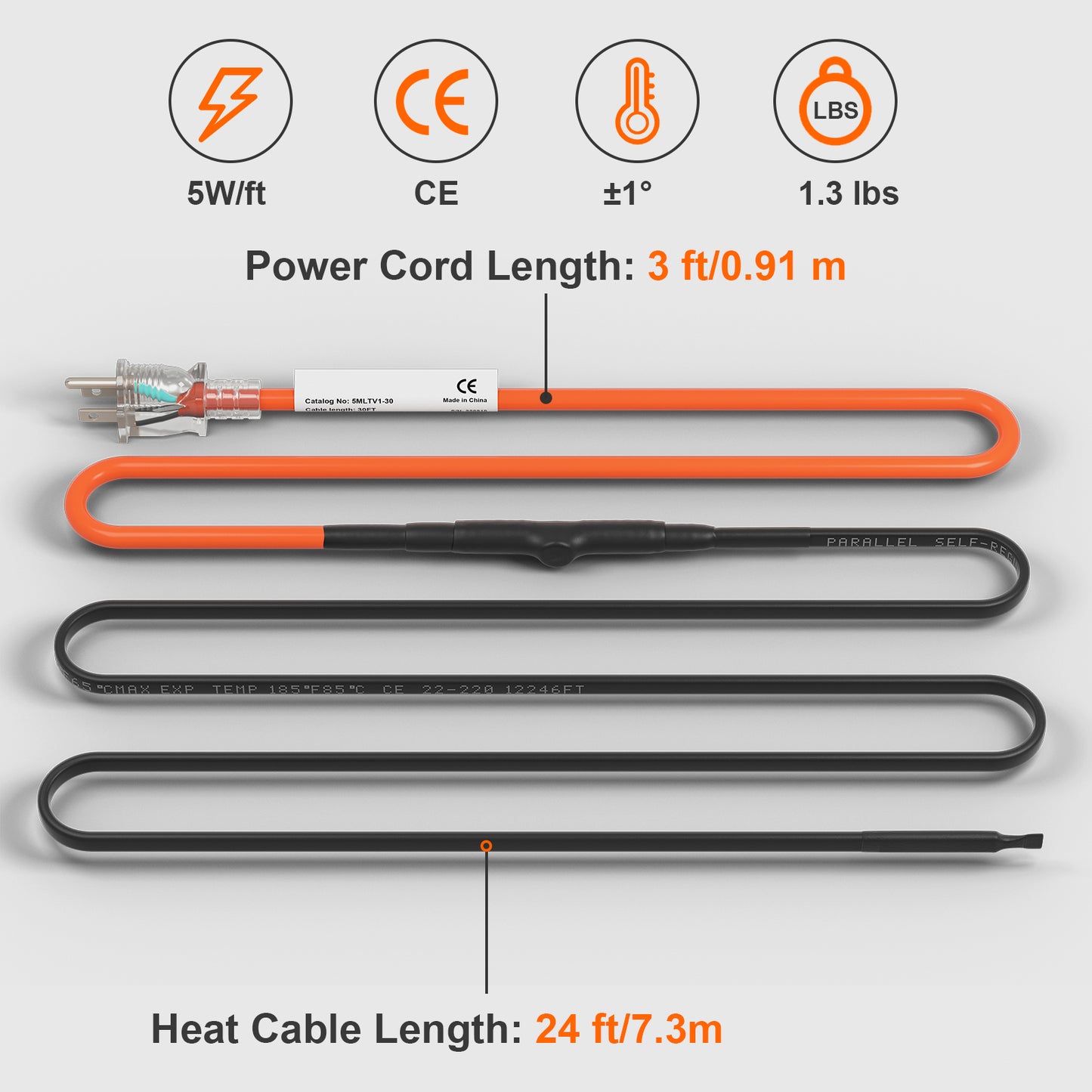 Self-Regulating Pipe Heating Cable, 24-feet 5W/ft Heat Tape for Pipes Freeze Protection, Protects PVC Hose, Metal and Plastic Pipe from Freezing, 120V