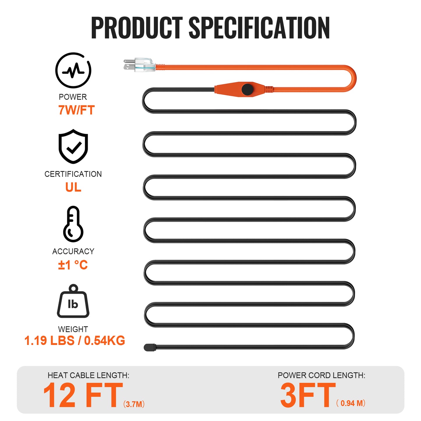 Pipe Heating Cable, 12FT 7W/FT Heat Tape for Pipes with Built-in Thermostat, Water Pipe Heat Cable Protects PVC Hose, Metal and Plastic Pipe from Freezing