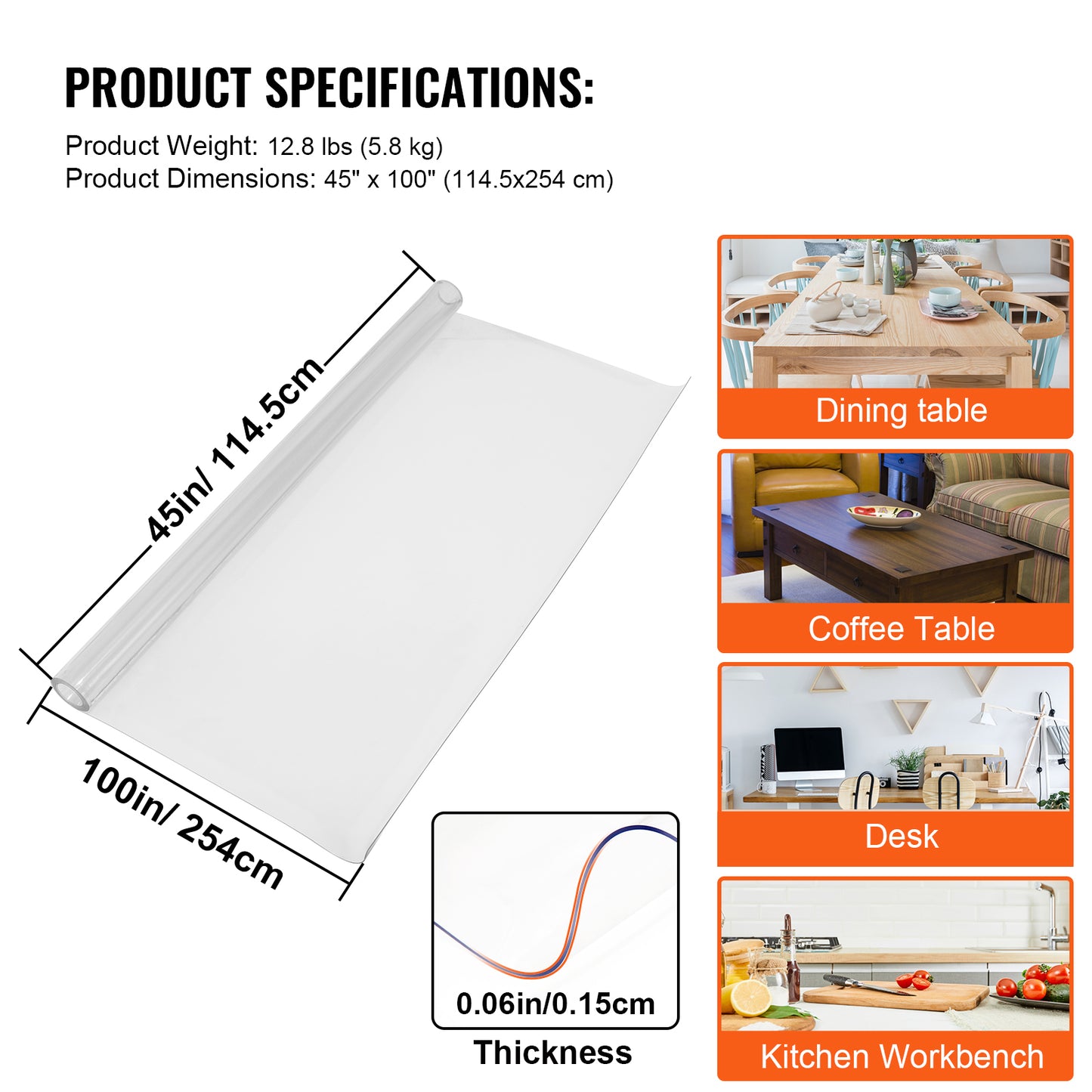 Clear Plastic Table Cover 45 x 100 in 0.06 in Thick PVC Table Protector Long Waterproof Mat for Dining Table